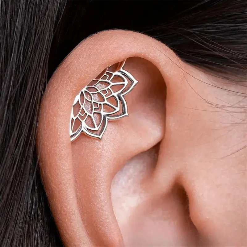 Unisex Boho Copper Single Cartilage Earring - Geometric Mandala Lotus Flower Design, Hidden Spiral for Helix Fitting, Fashion Everyday Daily Party Accessory, Everyday Wear, Flowers, Hoop Earrings, Silvery, Copper Alloy, Single Hoop, Year-Round, Boho Chic,