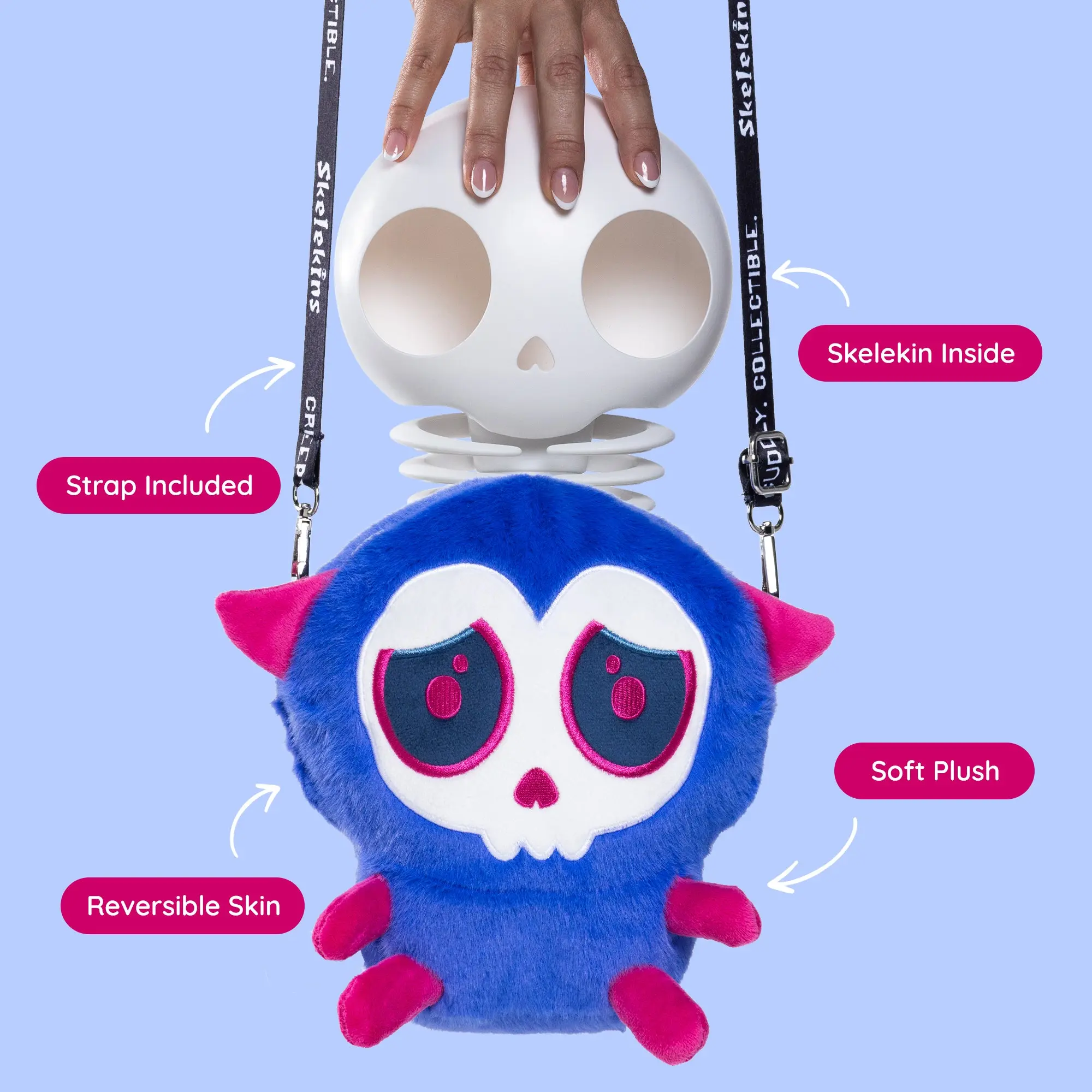 Skelekins Sadness - Series 1 Collectible Plush | Creepy Cute Skeleton Toy with Reversible Skin, Zip-Off Reveal & Wearable Bag Strap - Sticker Sheet Included, Trendy Gift for Tweens & Collectors
