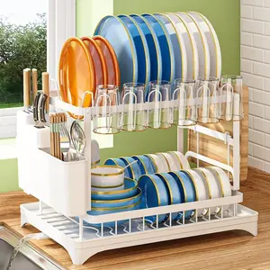 2-Tier Dish Drying Rack with Drainboard Detachable Dish Drainer Organizer Foldable Space Saver Kitchen Gadget Black