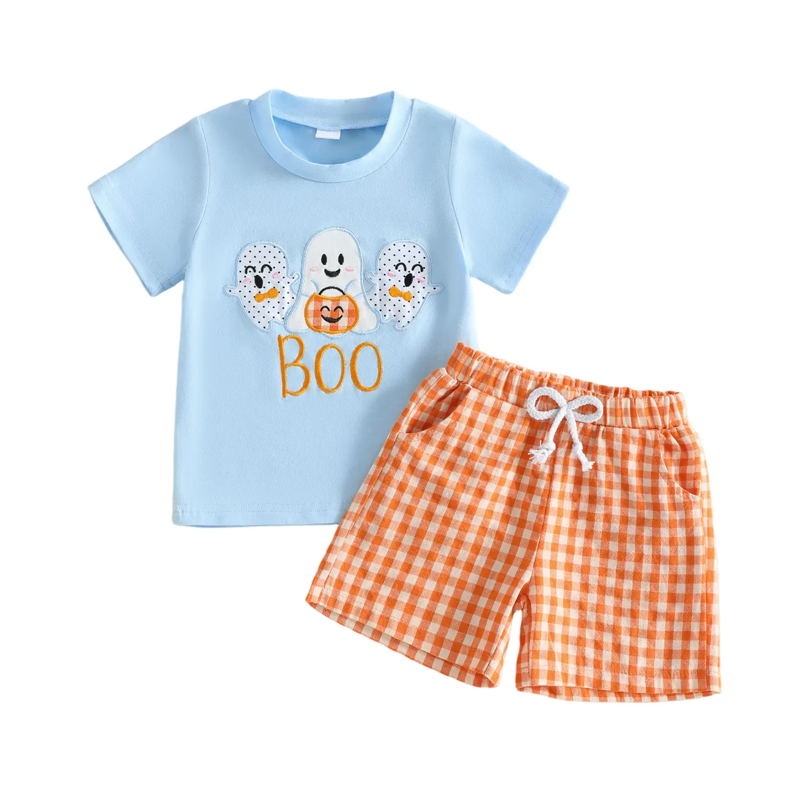 Toddler Baby Little Boy Halloween Outfit Short Sleeve Ghost Embroidery T Shirt and Plaid Shorts Set Fall 6M-4T