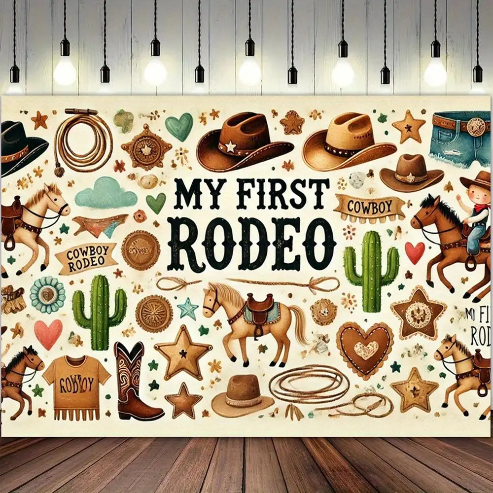 Printed Rodeo Theme Polyester Cowboy Photography Backdrop, 1pc 84x60in (213.36x152.4cm) Banner with "MY FIRST RODEO" Design, Festive Photobooth Backdrop for Birthday Ceremony, Christmas Western Party Decor, Indoor-Outdoor Home Supplies