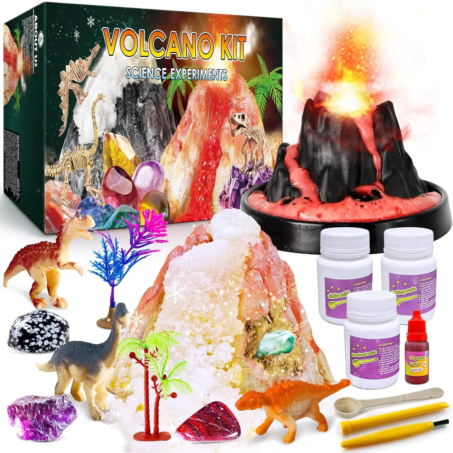 Summer Spring Gift Erupting Volcano Science Kit for Kids, Gemstone Donosaur Dig Volcano, Snow Eruption Volcano, Chemistry Experiment Lab Toys Gift for Boys & Girls