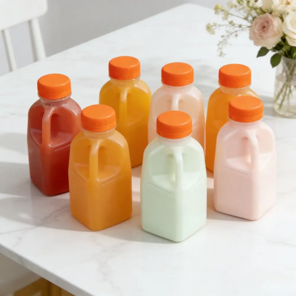 10-Pack Square Plastic Fruit Drink Storage Bottles, 500ml Reusable Leakproof Airtight Containers with Handles & Lids, Lightweight for Camping Kitchen & Outdoor Use, Eco-Friendly