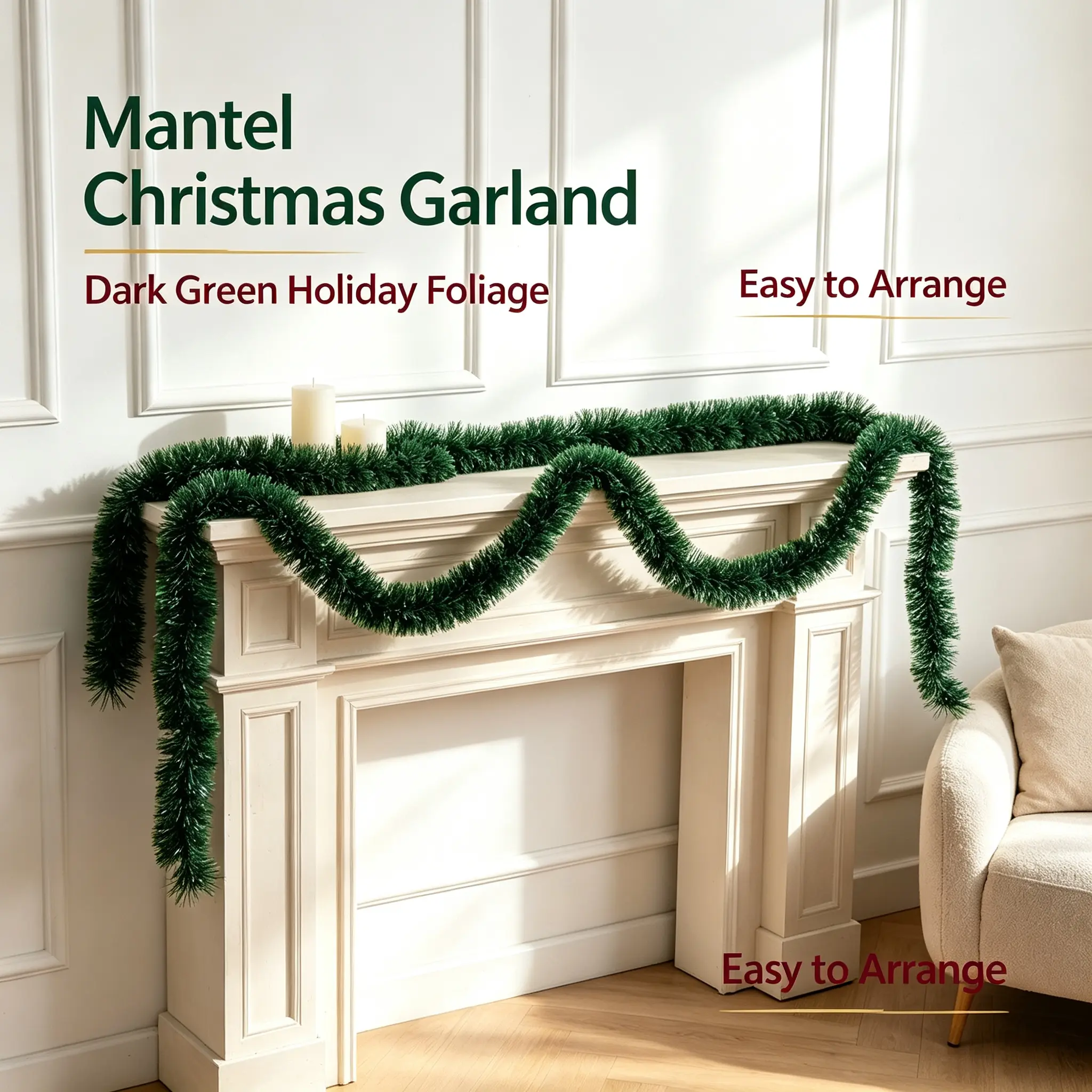 5 Pack Christmas Tinsel Garland, 6.6 Ft Each Dark Green Shiny Holiday Decor Garland for Fireplace Staircase Christmas Tree Indoor Outdoor Party Home Decor