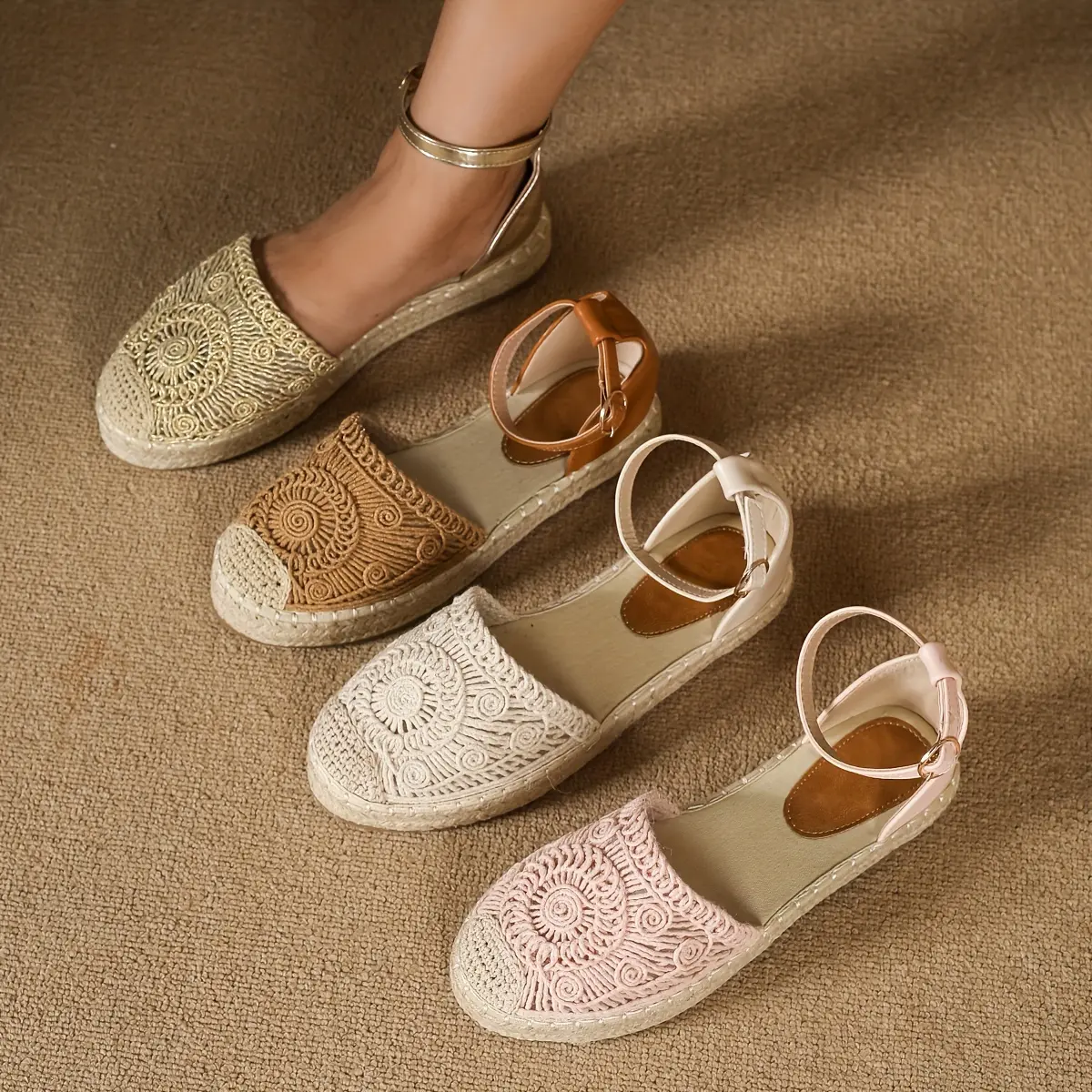 Women's No Heel Espadrille Flat Footwear - Vibrant Solid Color, Straw Woven Platform, Closed Toe, Ankle Strappy, Breathable Beach Shoes for Vacation, Summer Activities, No Heel Espadrilles, Stylish Espadrilles