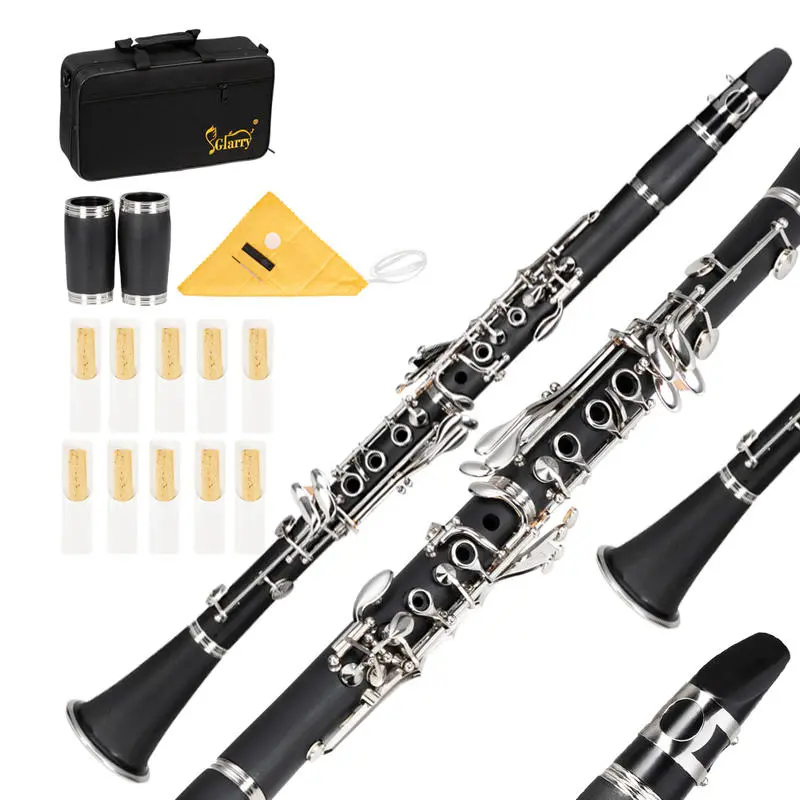 Glarry B-Flat Clarinets for Music Practice, 17-Key Black Clarinet with Nickel-Plated Keys, 26.4in, 2 Mouthpiece Connectors, Hard Protective Case, Free 10pc High-Quality Reeds, Screwdriver, Cork Grease, Reed Stand