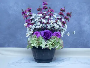 Farmhouse Faux Flower Centerpiece – Purple Roses, Green Hydrangea & White Daisies in Rustic Pot, Cottage Table Decor