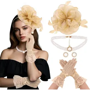 4-Piece Stylish Fascinator Hat Set for Women, Elegant Flower Feather Derby Hat with Lace Gloves, Pearl Necklace, and Earrings, Stylish Accessories