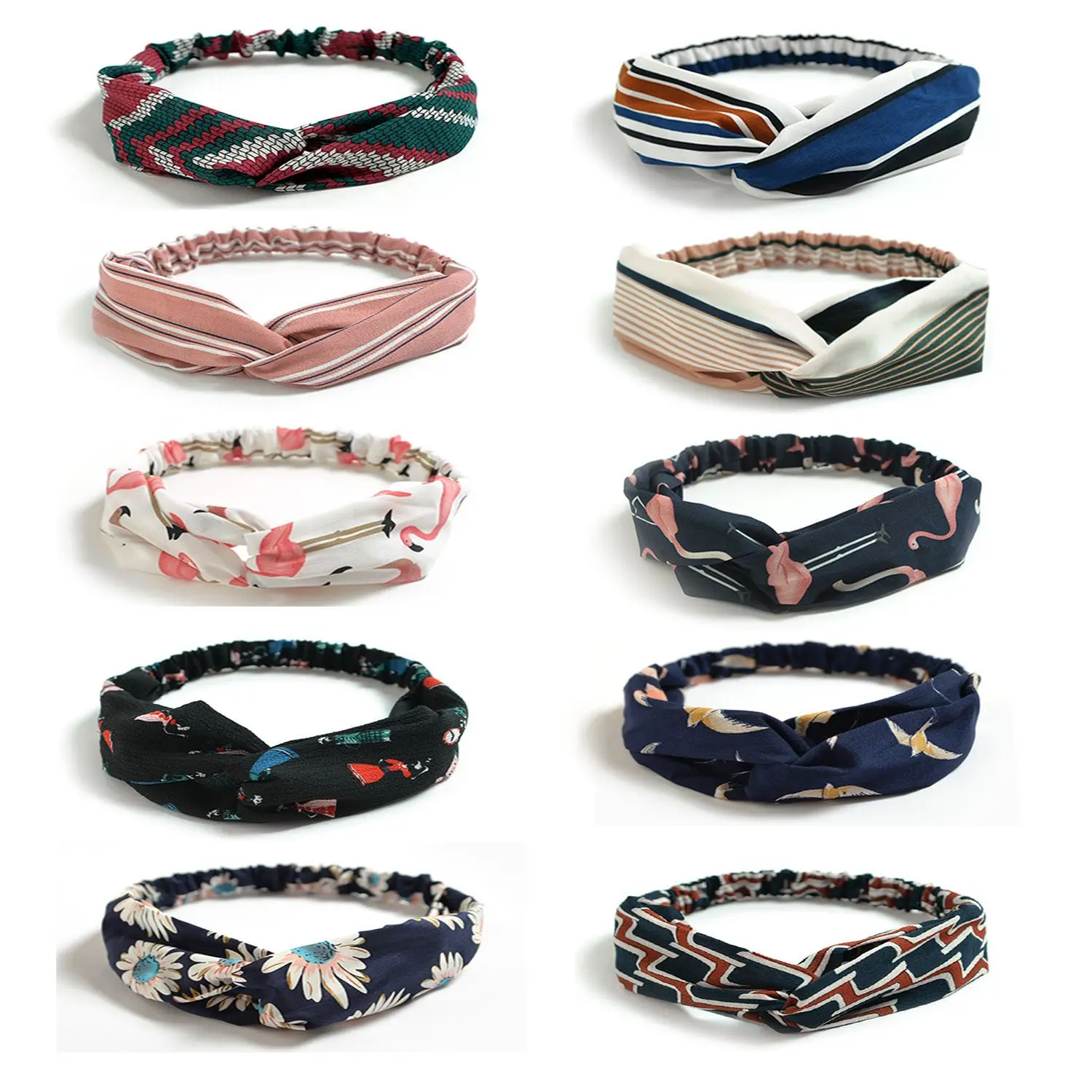 Women's Boho Soft Criss Cross Elastic Headband Set, 10-Pack Hair Accessory for Beach, Anniversary, Workout; Includes 0-10 Pack Cross Style A All Variants