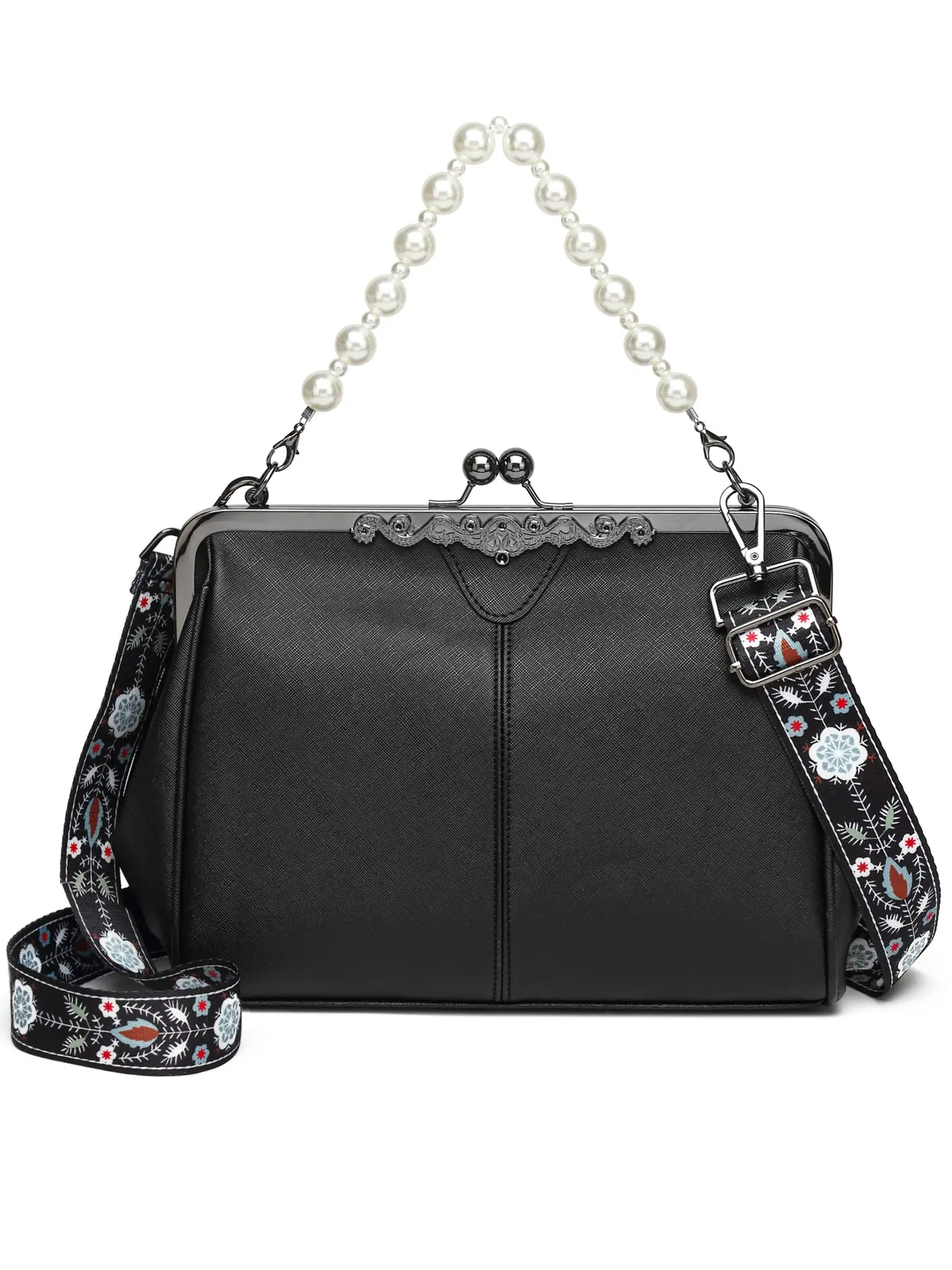 Women's PU Vintage Pearl Kiss Lock PU Leather Handbag - 3-Way Convertible Top Handle, Crossbody Shoulder Purses, Retro Floral Strap, Large Capacity for Daily, Work & Events, Black Frame Bag for Women & Teens, Casual Crossbody Bags