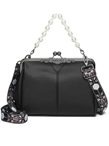 Women's PU Vintage Pearl Kiss Lock PU Leather Handbag - 3-Way Convertible Top Handle, Shoulder & Crossbody Purse, Retro Floral Strap, Large Capacity for Daily, Work, Party & Evening Events, Elegant Black Frame Bag for Women & Teens