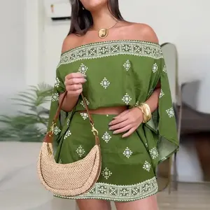 Women's St. Patrick's Day Boho 3 Piece Set Off Shoulder Split Sleeve op & Elastic Waist Skorts with Bandeau Casual Vintage Tr Vacation Setibal Pintr