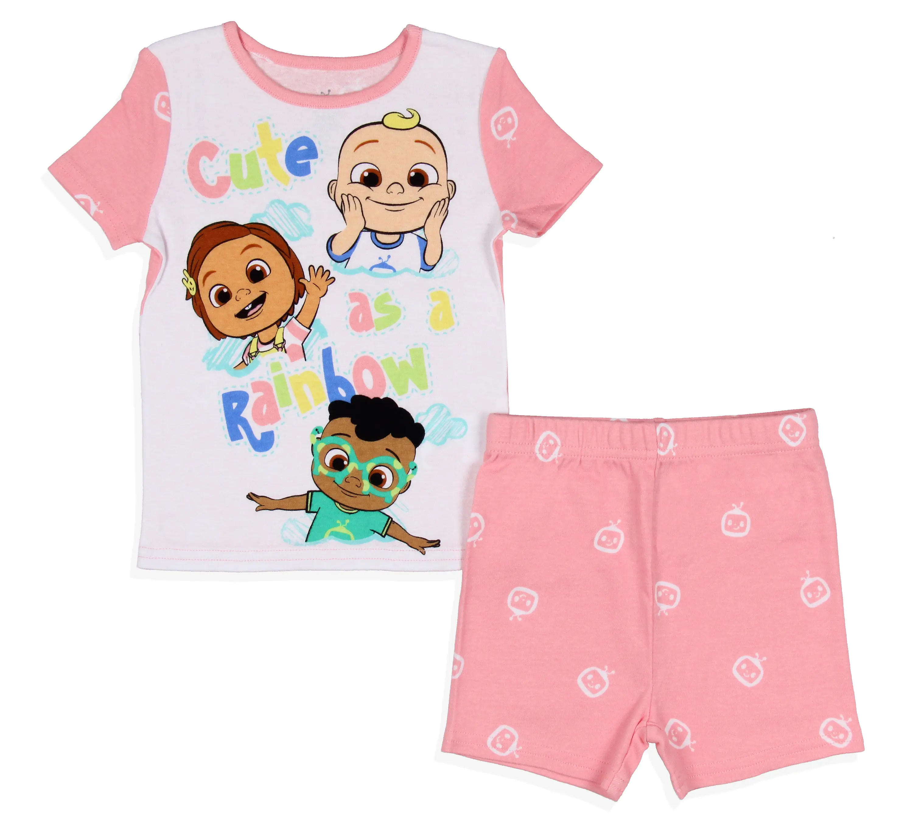 CoComelon Toddler Girls' 2-Piece Cotton Pajama Set - Cartoon Print Sleepwear, 3t/4t, Crew Neck Raglan Short-Sleeve Tee & Watermelon Design Shorts