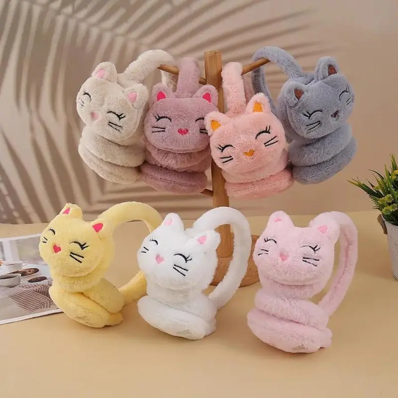 Girls' 2-Pack Cute Cartoon Kitty Plush Earmuffs - Warm, Lightweight Windproof Winter Fashion Accessory, Comfortable Ear Defender, Playful Look, Plush Fabric, Holiday Use, One Size Fits All, For Girls