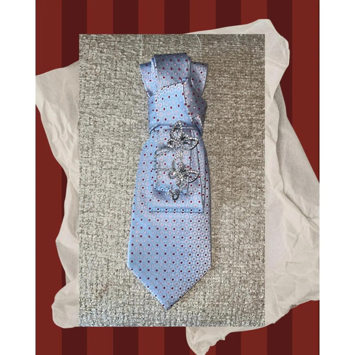 Elegant Blue Polka Dot Tie with Floral Brooch - Perfect for Formal Wear and Special Occasions