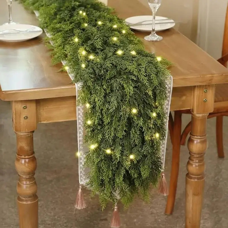 6FT Pre-lit Christmas Cedar Garland with 50 LED Lighting, 140 Realistic Pine Tips, Natural Look Faux Greenery for Fireplace, Mantle, Indoor Outdoor Winter Holiday Decorations