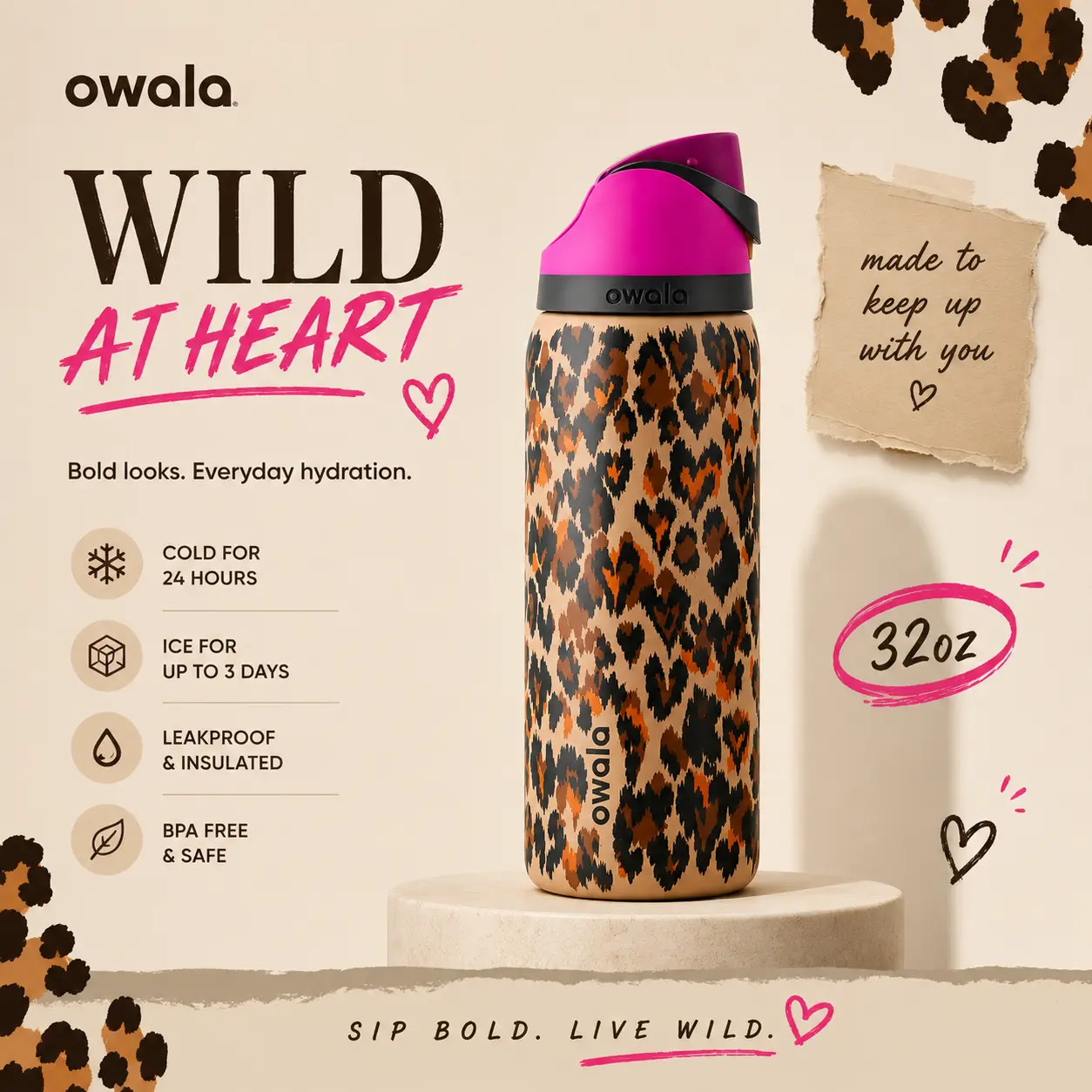 Owala Wild At Heart Leopard Print – Leak Proof, Insulated, BPA Free 32OZ