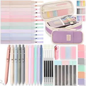 Aesthetic School Supplies with Pencil Pouch - 57 count Cute College Essentials Set, Big Capacity Pen Case, Eraser Holder, Pastel Highlighters,  Study Journaling Stationary Kit for Girls Teens