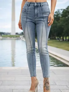 Women's Mid-Rise Stretchy Cotton Washed Skinny Slim Fit Jeans - Light Medium Wash, Contrast Stitch, Vintage Ankle Length, All-Season Clothes Piece, for Trendy Streetwear, BTN018-B,summerwins,summeroutfits,vacationoutfits,beachoutfits