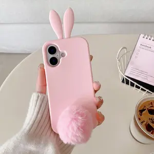 Cute Cartoon Rabbit Plush Tail Soft Silicone Phone Case For iPhone 17 16 15 14 13 Pro Max Fun and Shock-Resistant Protective Case