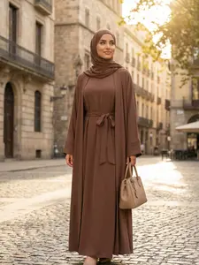 Women's Spring & Fall Casual Long Robe Dress Set, High-End Texture Pure Color Vest + Loose Fit Muslim Clothing Abaya Hijab Set