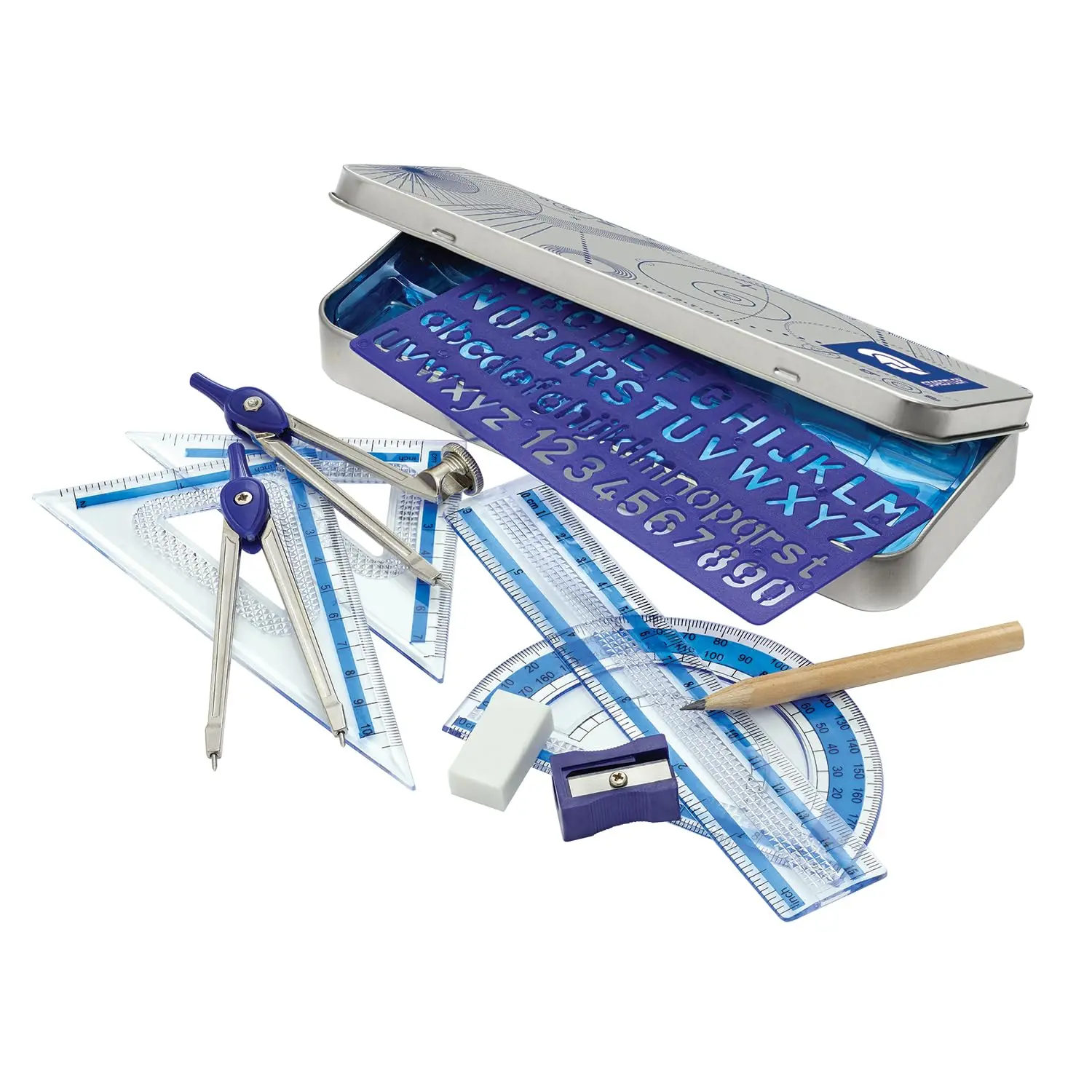 10-Piece Math Set, Metal Compass, 6-Inch Ruler, 45° & 30/60° Triangle Set Squares, Alphabet Stencil. M20