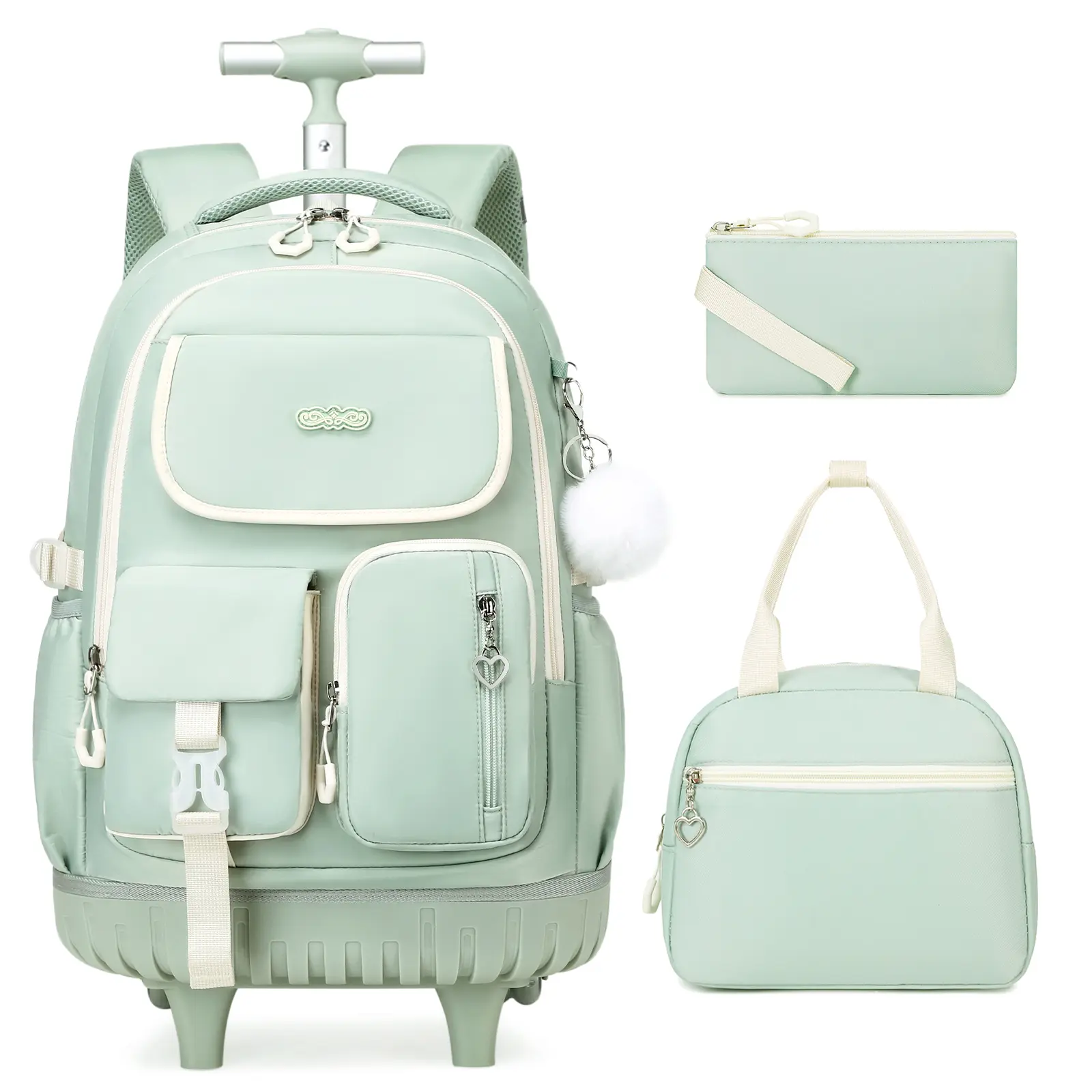 SIMILOVE Kawaii 3-in-1 Girls' Rolling Backpack Set (3PCS) for Elementary Students - Girls’ Use, Desk-fit Folded, Tear-Resist Fabric, Retractable Wheels, Built-in Organization, Lunch Bag, Pencil Case, 12.2in L x 7in W x 17.7in H
