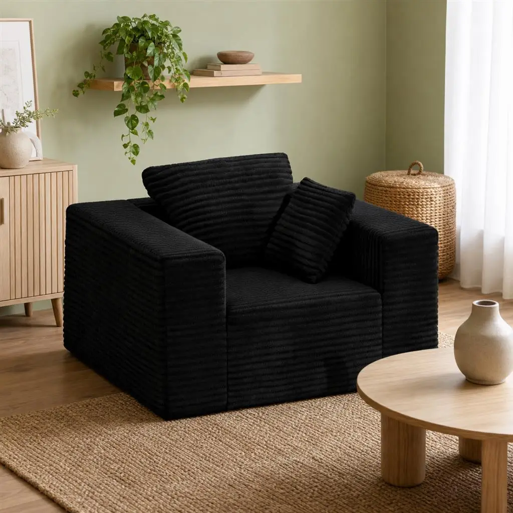 Mini Cloud Sofa Chair - Black Corduroy Upholstery, Single-Seater Boneless Design, High Back and Wide Armrests, No-Assembly Reading Lounge for Small Spaces