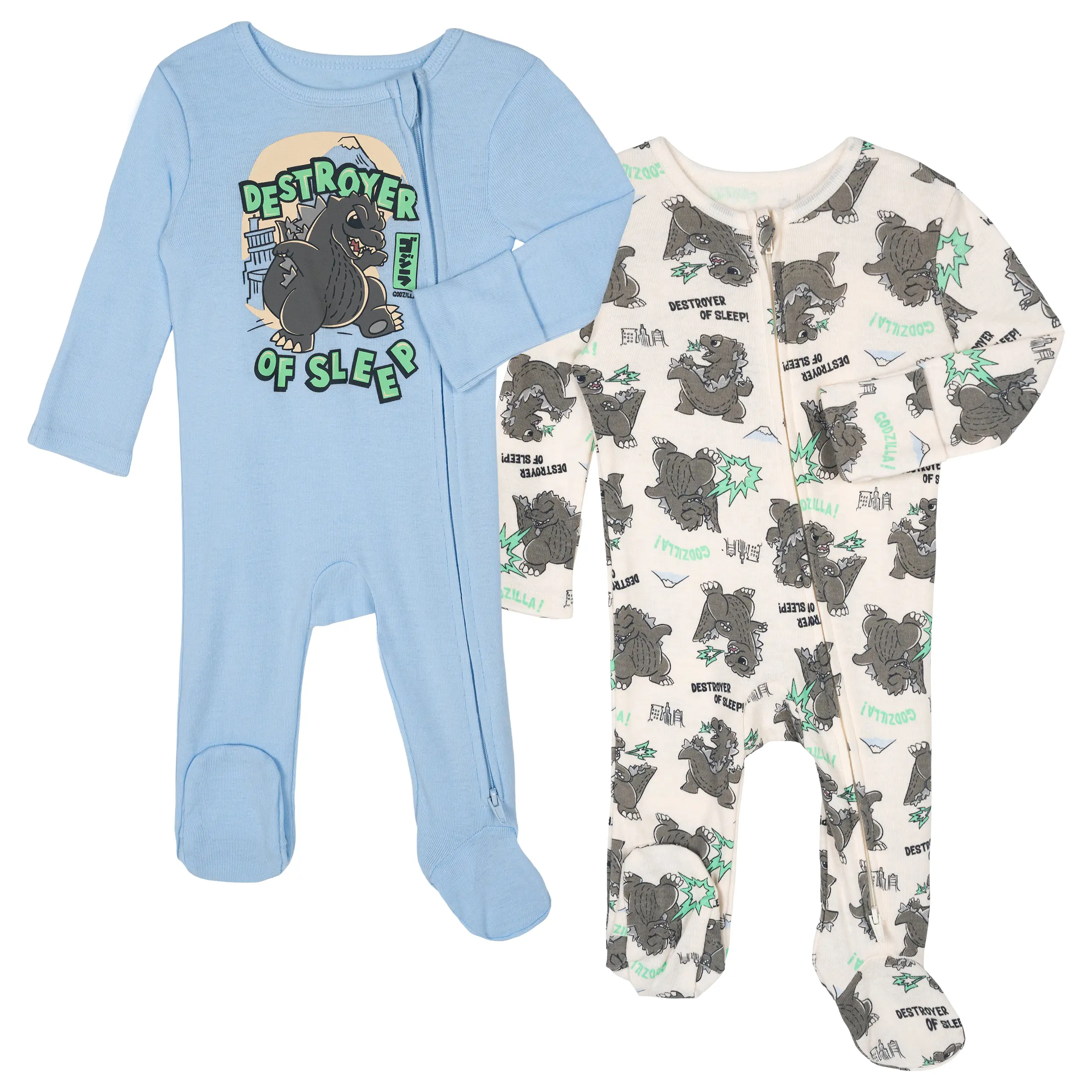 Godzilla Baby Boys' 2pk Footed Pajama Coveralls with Footed Sleeves & Zipper Front, Beige & Blue, Newborn to Infant, All Seasons