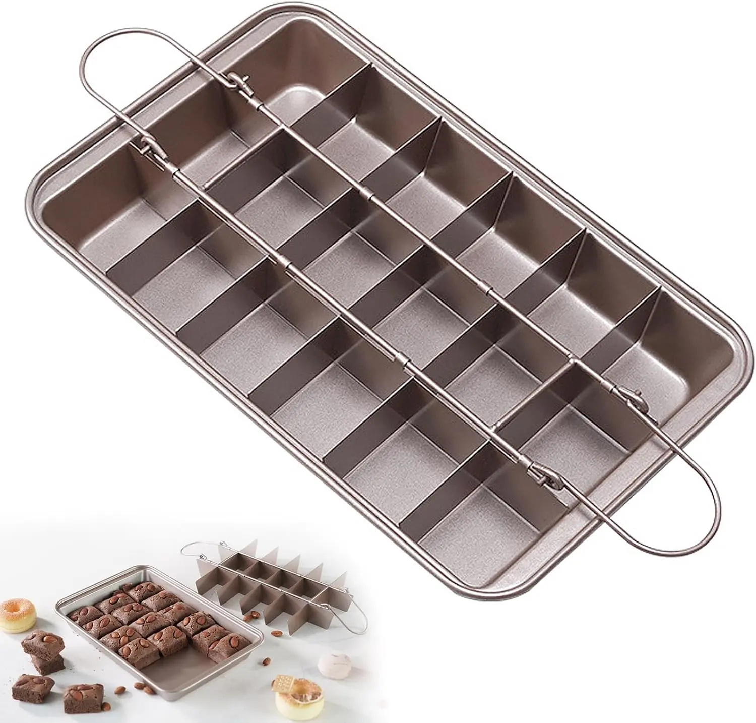 Brownie Pan with Dividers - 12.4" x 8" Non-Stick Carbon Steel Brownie Baking Pan with Built-in Slicer, Makes 18 Pre-cut Crispy Edge Brownies, Champagne Gold Bakeware for Fudges, Cakes & Pizzas