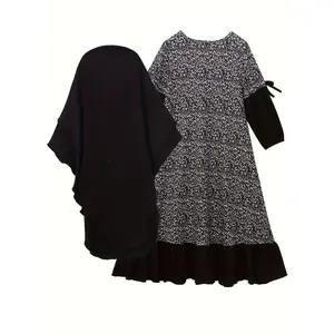 Muslim Ramadan Skirt for Women Small Size Middle Eastern Traditional Spring And Autumn Style Floral Long-Sleeved Dress Long Skirt + Headscarf Two-Piece Children'S Clothing Skirt