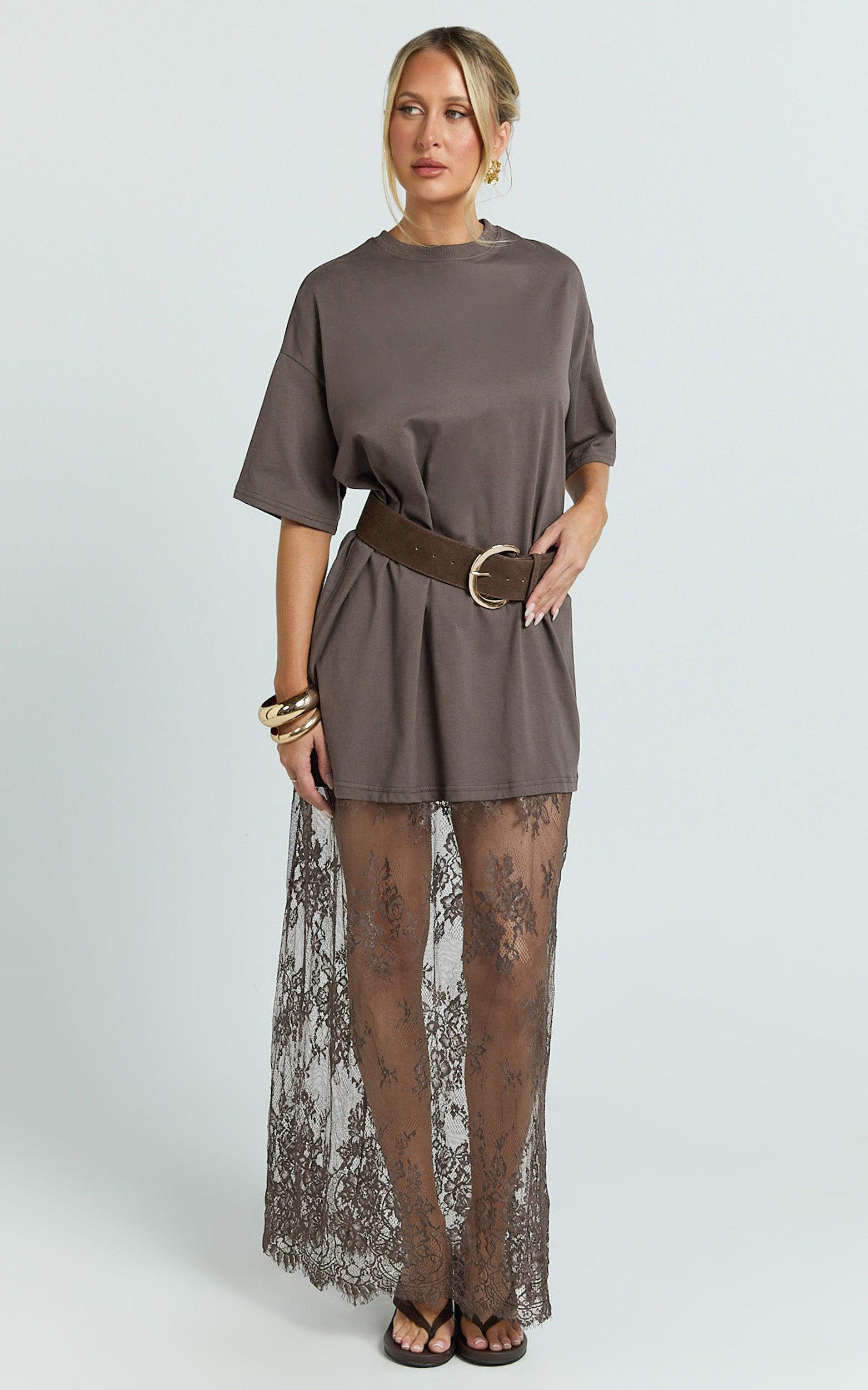 Mntaor Women's Oversized T-Shirt Maxi Dress with Sheer Lace Hem Drop Shoulder Short Sleeve Perfect for Street Style