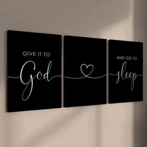 3-count wooden frame canvas, hand it over to God to sleep, minimalist black and white healing poster, Minimalist Print, fashionable family poster, modern living room decoration, suitable for corridor and bedroom walls, waterproof art
