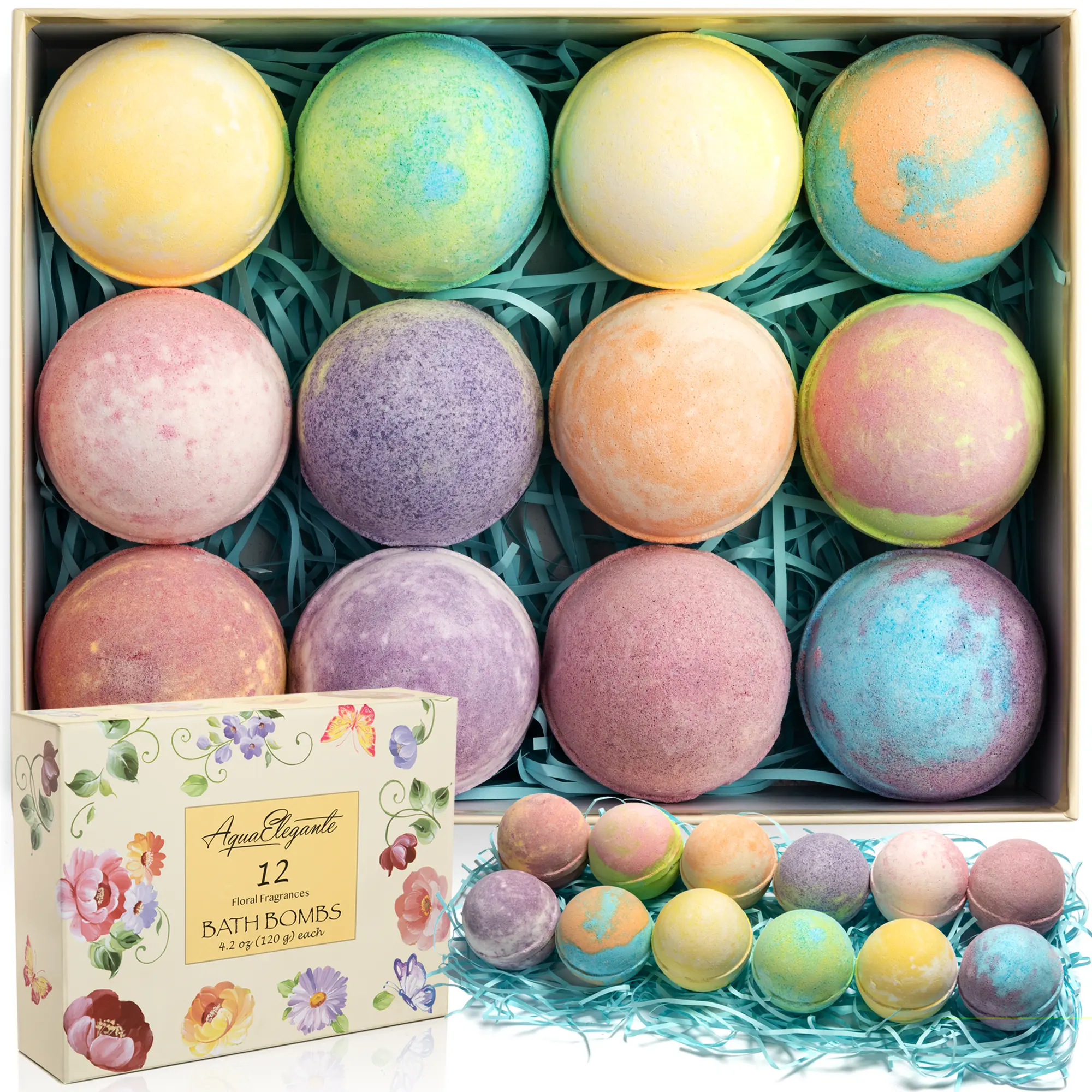 Aqua Elegante Flower Bath Bombs Gift Set - Large Bathbombs for Women with Scented Essential Oils and Moisturizing Shea Butter, No Stain, Natural, Vegan Spa Present for Mom, Wife, Girlfriend