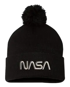 Nasa Worm Logo Embroidered Knit Beanie Pom Cap