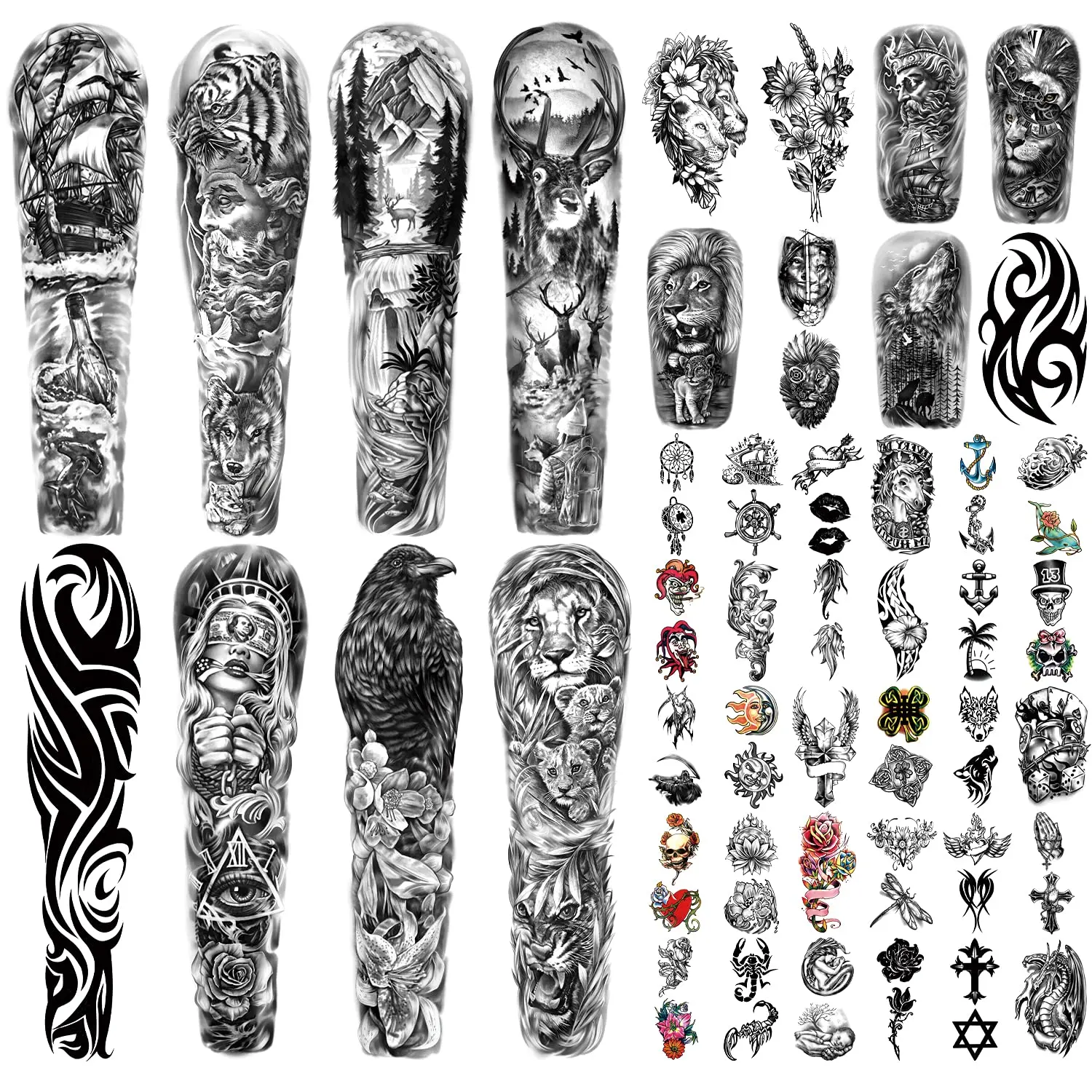 Full Arm Sleeve Temporary Tattoos for Men & Women – 46 Sheets Realistic Lion, Wolf, Eagle, Deer, Flower, Clock & Skeleton Designs