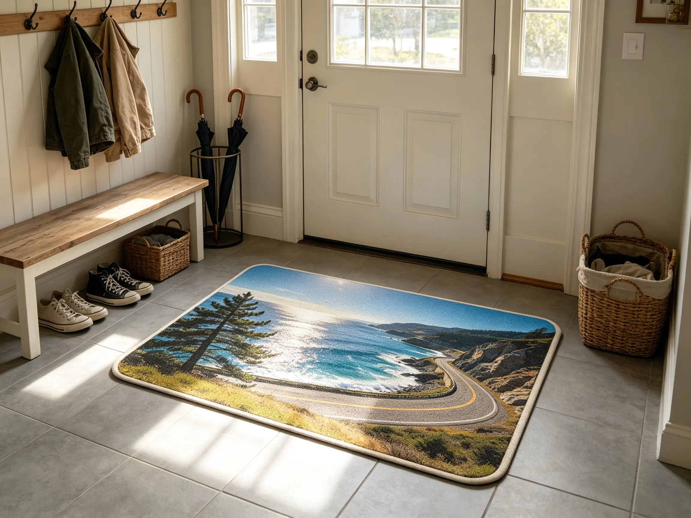 Diatomaceous Earth Bath Mat 50x80cm, Coastal Scenic Highway Design, Quick-Dry, Water-Absorbent, Non-Slip Stone Bath Rug for Bathroom Entryway Home Decor