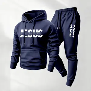 Men's 2-Piece Loose-Fit Jesus Printed Hoodie & Track Pants Set, Casual Long-Sleeve Hooded Jacket & Drawstring Sweatpants, Machine-Washable Menswear for Fall Winter Daily, Indoor-Outdoor Athleisure