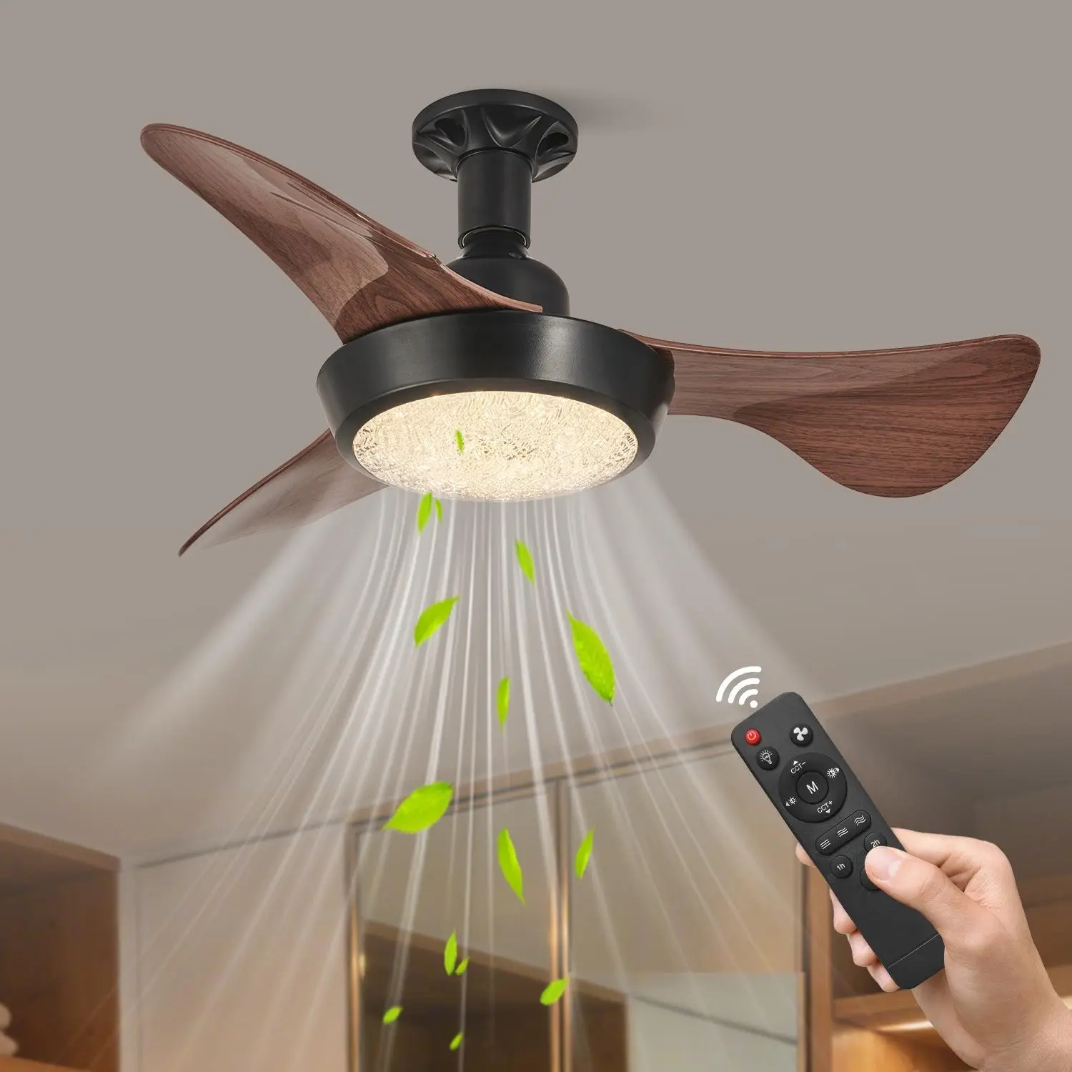 25 Inch Wooden Ceiling Fan with Lights Remote Control, E27 Socket 3 Blades Outdoor Fan, Quiet High Wind LED Light Indoor Lighting, Suitable for Bedroom Living Room Dining Room