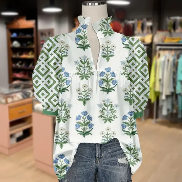 Cherrybetty Airy Floral Print V-Neck Geo Puff Sleeve Top Going Outfits Blouses Women Vintage 90s Tops Funny Shirts Women Elegant Classy Tops Blouse cute summer outfit women's summer outfits clothes going rave outfit clothes for Teachers and Mom