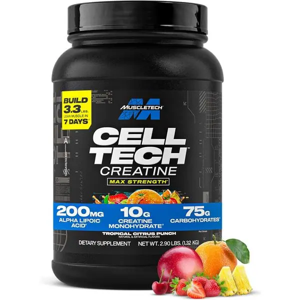 Creatine Monohydrate Powder - Cell Tech Creatine Post Workout Recovery Drink and Muscle Building Supplement - Tropical Citrus Punch Flavor - 3lbs 27 Servings - Packaging May Vary