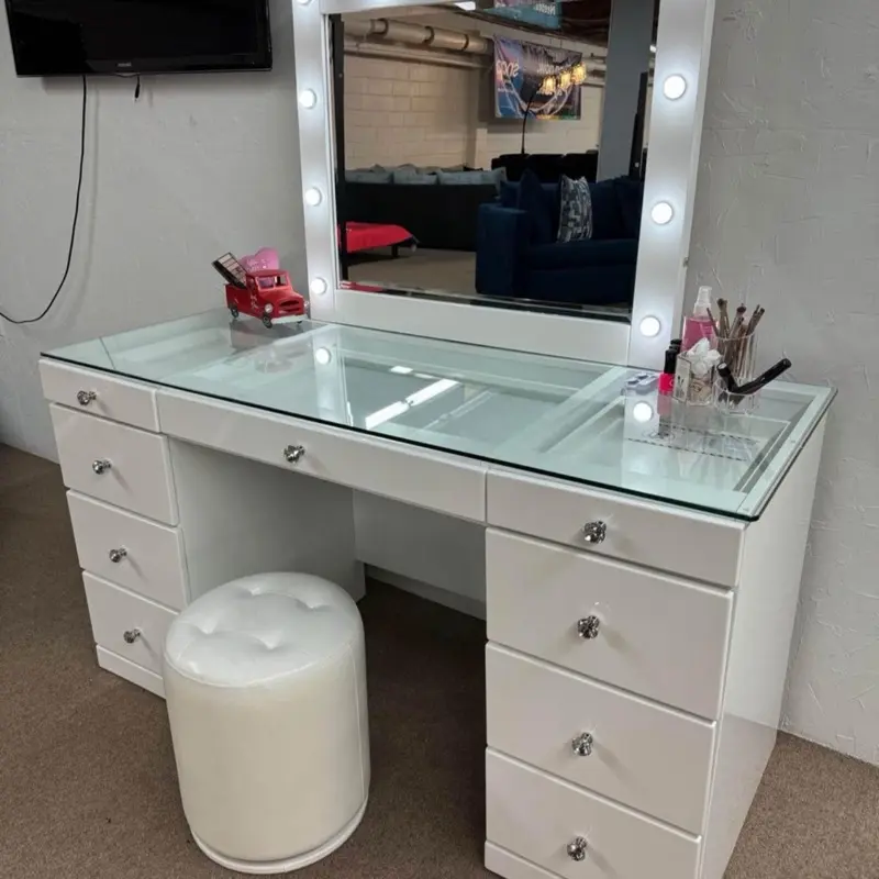 Brand new white vanity desk with glass top mirror led light and chair