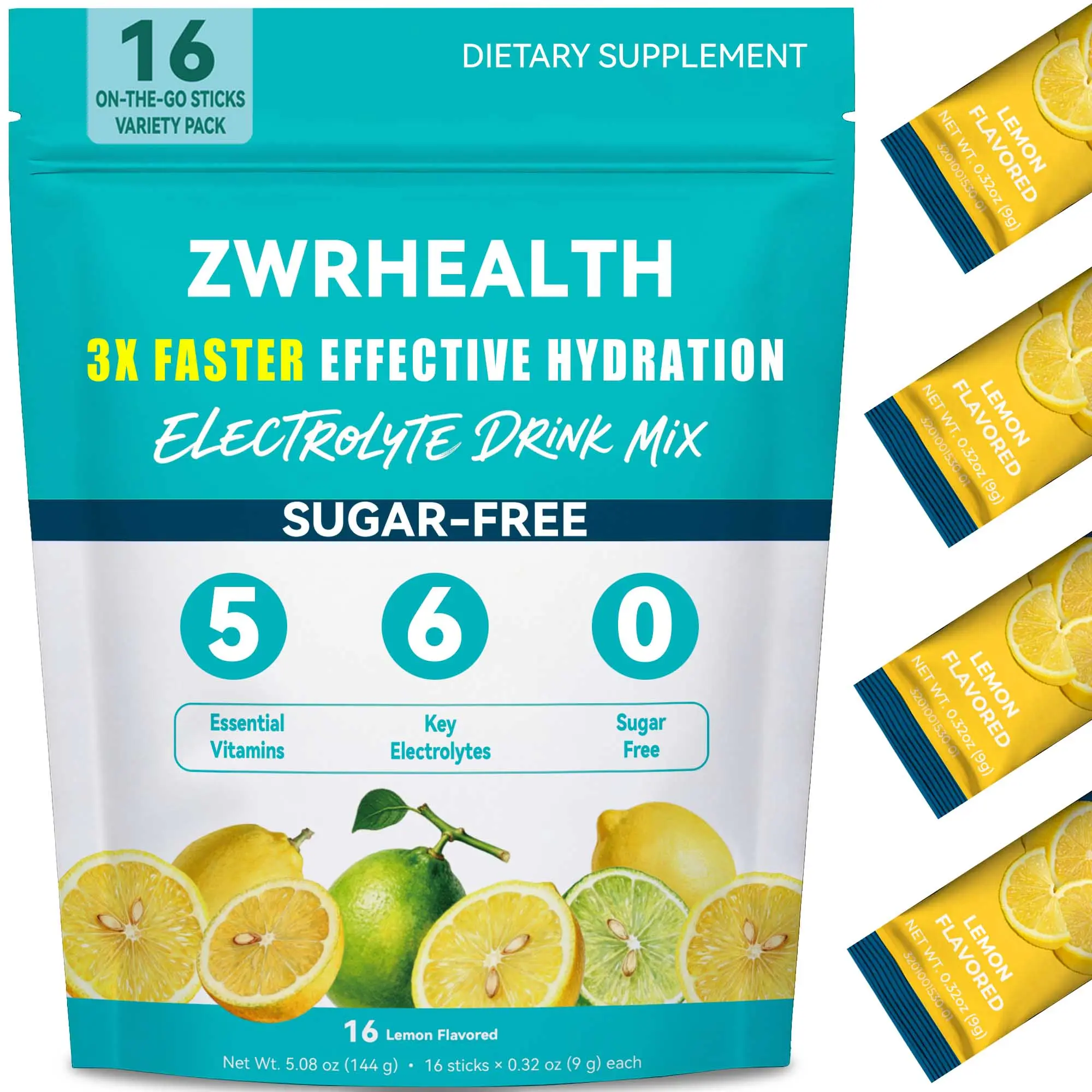 ZWRHealth Sugar-Free Electrolyte Powder Packets - 5 Vitamins, 6 Electrolytes Hydration Drink Mix, 0 Sugar, 0 Calories, Sports & Daily Hydration Supplement for Men & Women Healthcare Stick
