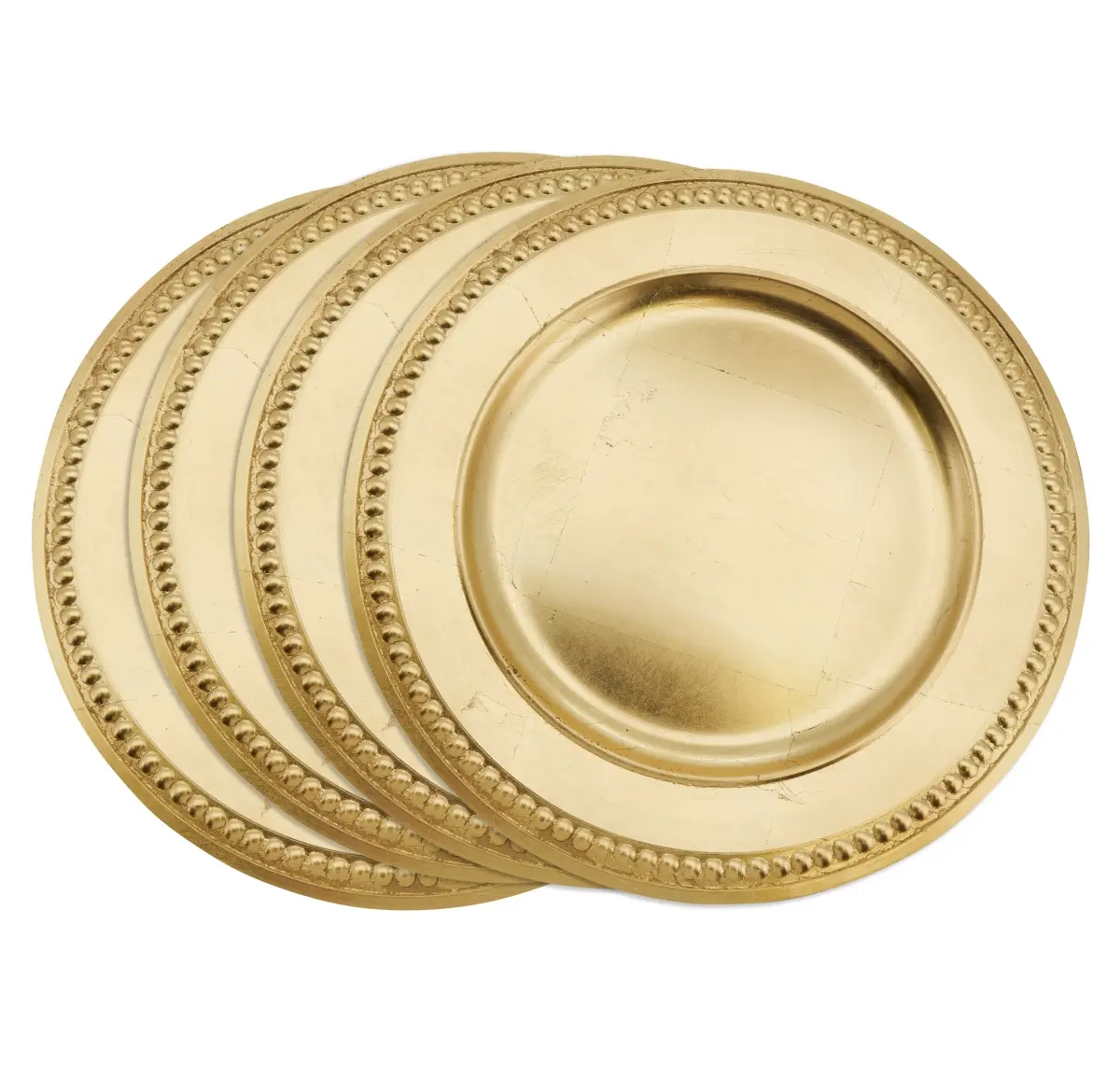212 MAIN Plastic Round Decorated Dinner Charger Plates - 14 in., Embossed Edge Beaded Polka Dot Border, Washable Set of 4, for Dining Tableware