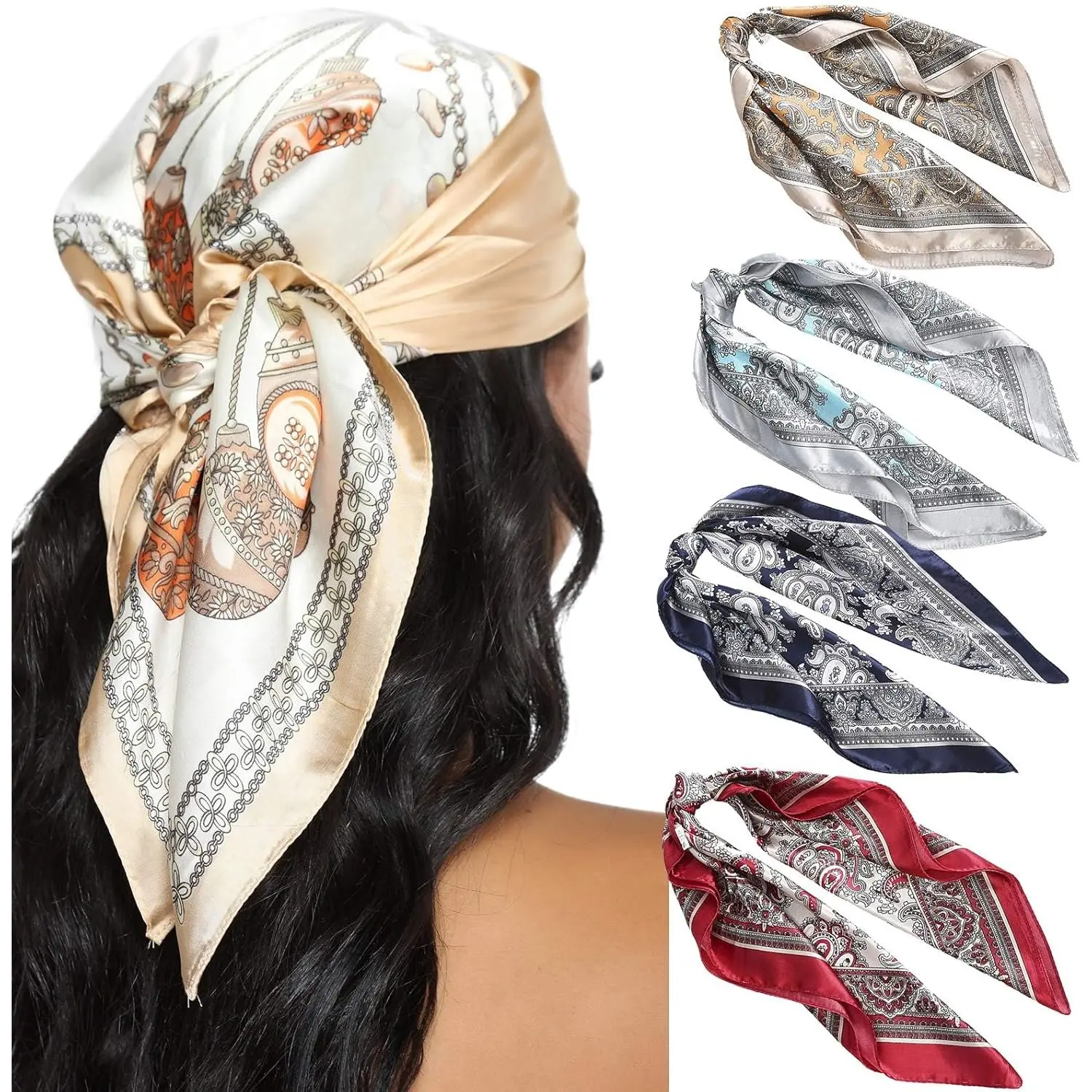 [Summervibes] 4 Pack 23'' Satin Bandanas for Women,Neck Scarf Set,Silk Hair Bandana Headscarf,Ideal for Women's Fashion Accessories,Christmas Party Gifts,Hand Tools Kits