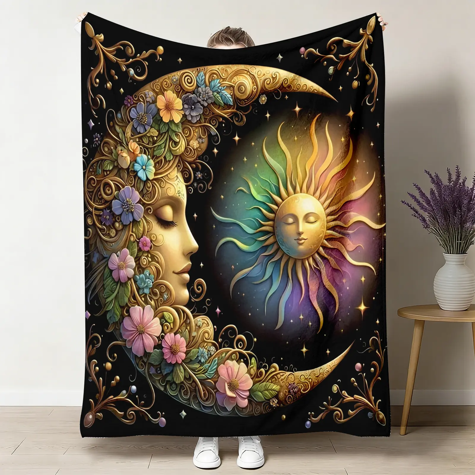 Sun Moon Goddess Throw Blanket, Celestial Boho Flannel Blanket, Soft Cozy Warm Throw, Vintage Astrology Design, Mystical Gift for Her, Spiritual Meditation Bedroom Living Room Couch Decor ﻿ holiday popular