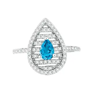 Sterling Silver .49 ct Pear Swiss Blue Topaz with .588 ct White Topaz Ring