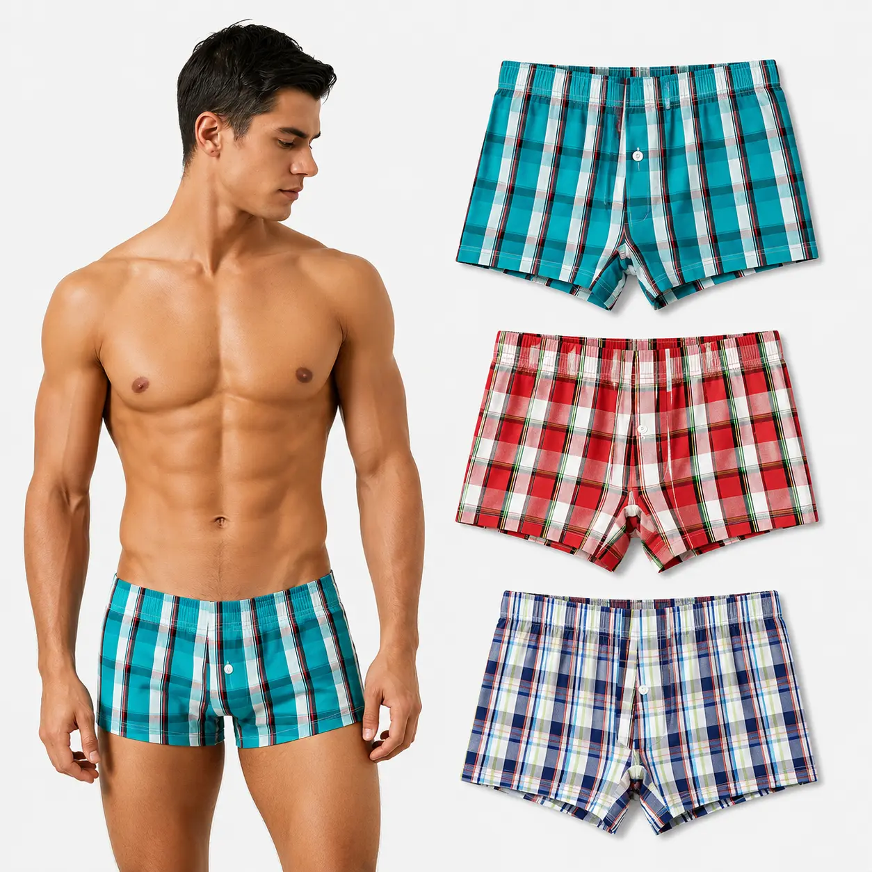 SEOBEAN Men's Natural Cotton Plaid Boxer Briefs - Low-Rise Button-Fly Elastic Trunks, Classic Check Menswear Underwear (Assorted Colors 3 Pack) for Everyday Wear, Lounge, Sleep