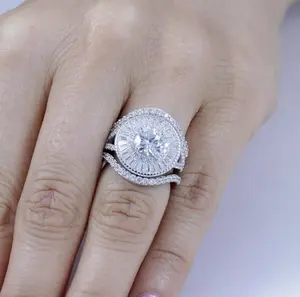3PC Sterling Silver CZ Halo Big Wedding Band Engagement Ring Set Huge Bridal Rings Set Size 3-15 SS002