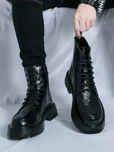 Men's Round Toe Lace-Up Oxford Shoes with Side Zipper Platform Combat Boots with Lug Sole Comfortable Ankle Chukka Boots Fall/Winter Outdoor Military Casual Business Work